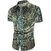 QZH.DUAO Mens 70s Disco Party Shirts Casual Paisley Button Down Shirt Vintage Floral Hawaiian Beach Short Sleeve Shirt