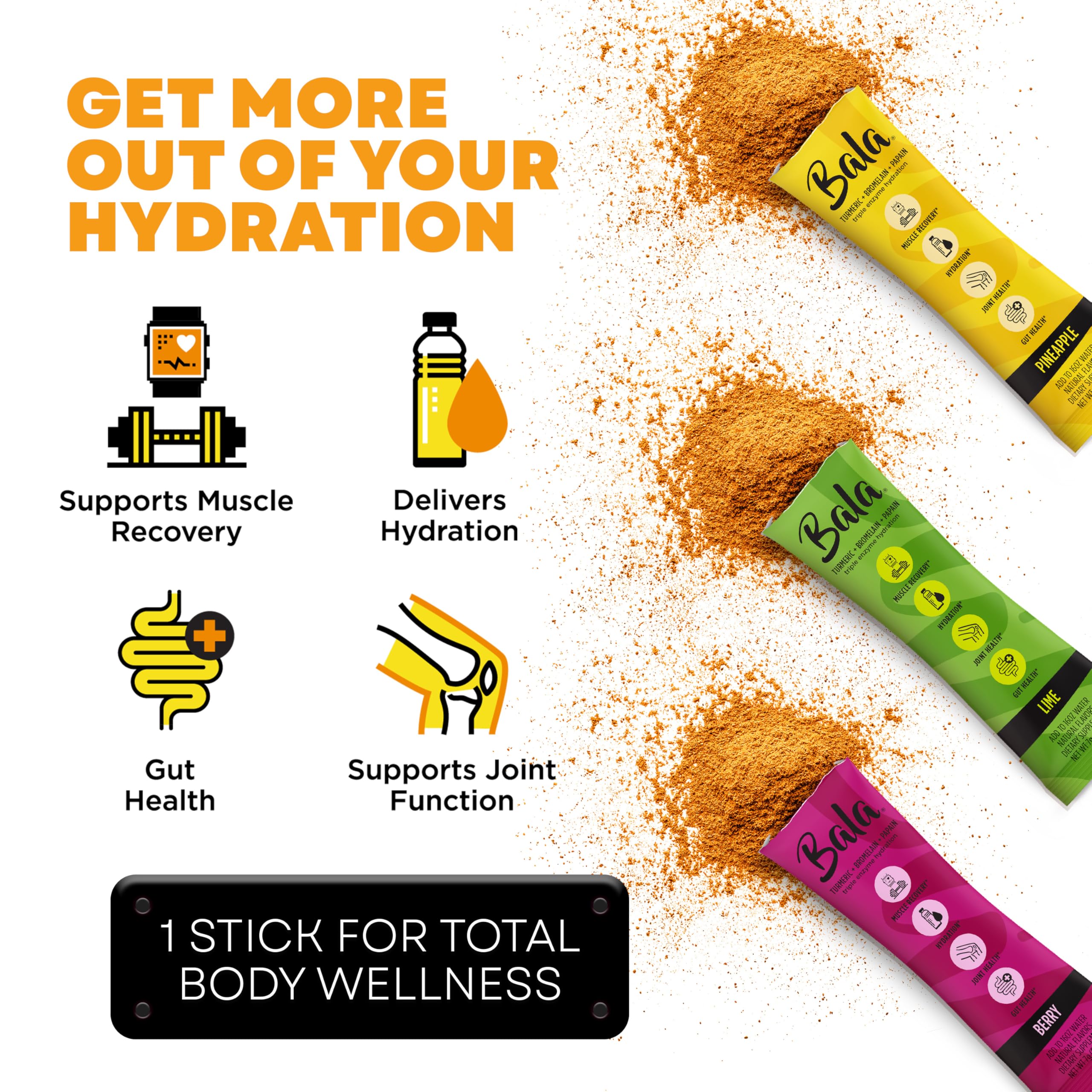 Bala Enzyme Hydration & Sugar-Free Drink Mix - Turmeric, Bromelain, Papain - Immunity, Mobility - Variety Pack 0.25oz (12 Count)