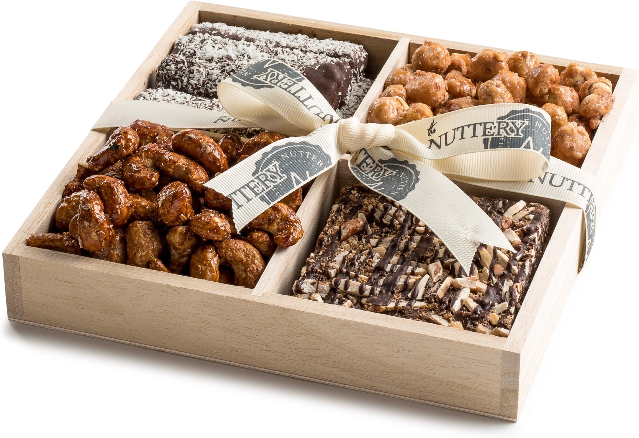 The Nuttery Classic 4 Sectional Wooden Gift Tray with Sweet Nuts and Gourmet Chocolate