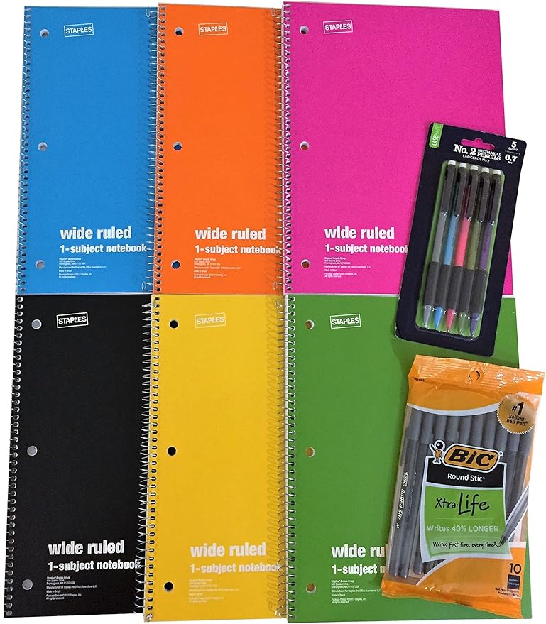 1 Subject Spiral Notebooks Wide Ruled 70 Sheets (6Pack), 10 Black Pens and 5 No. 2