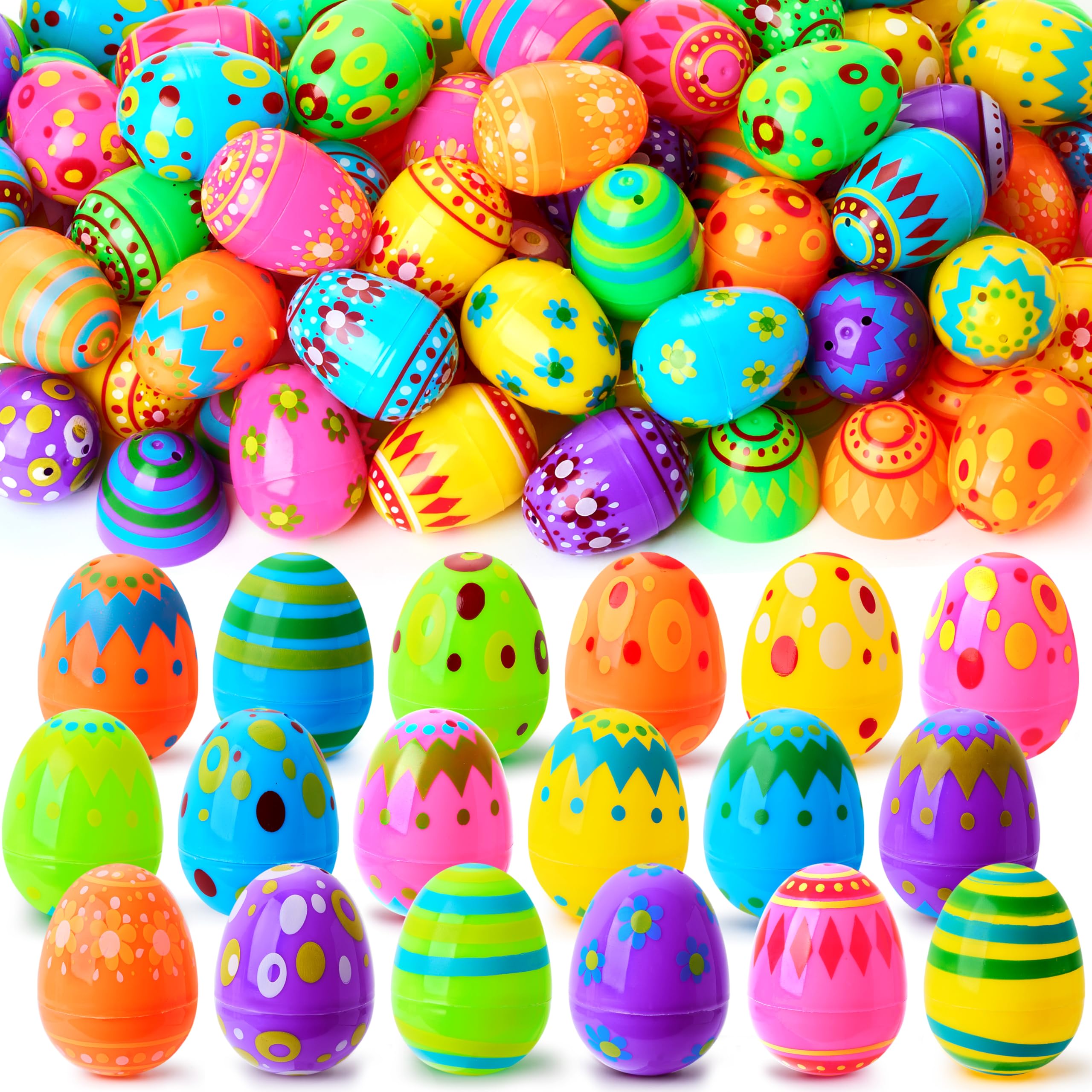 JOYIN 50 Pcs Plastic Printed Bright Easter Eggs 2.3" Tall for Easter Hunt, Basket Stuffers Fillers, Classroom Prize Supplies, Filling Treats and Party Favor