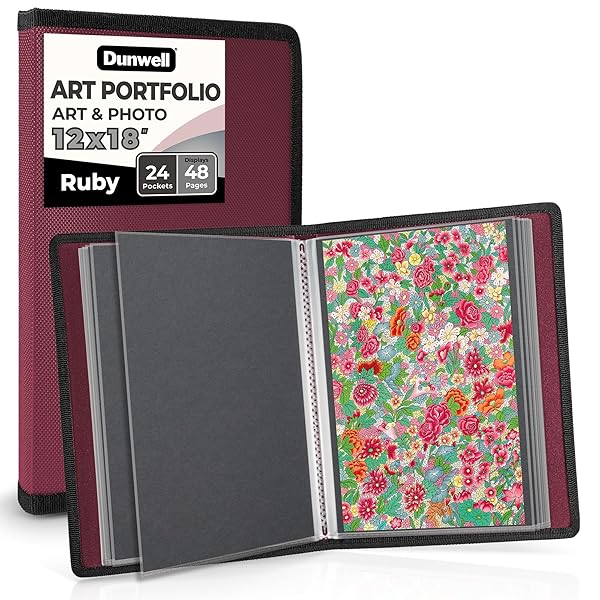 DUNWELL 12X18 ART PORTFOLIO BINDER WITH BLACK MOUNTING PAPER (RUBY), LARGE PORTFOLIO FOLDER FOR ARTWORK STORAGE, 24 SLEEVES DISPLAY 48 PAGES, ACID-FREE POLY 12 X 18 PRESENTATION BOOK