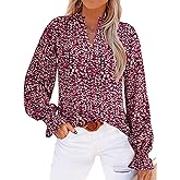 MASCOMODA Womens V Neck Floral Long Sleeve Tops 2026 Summer Casual Loose Puff Sleeve Chiffon Boho Work Blouse Dressy T Shirts