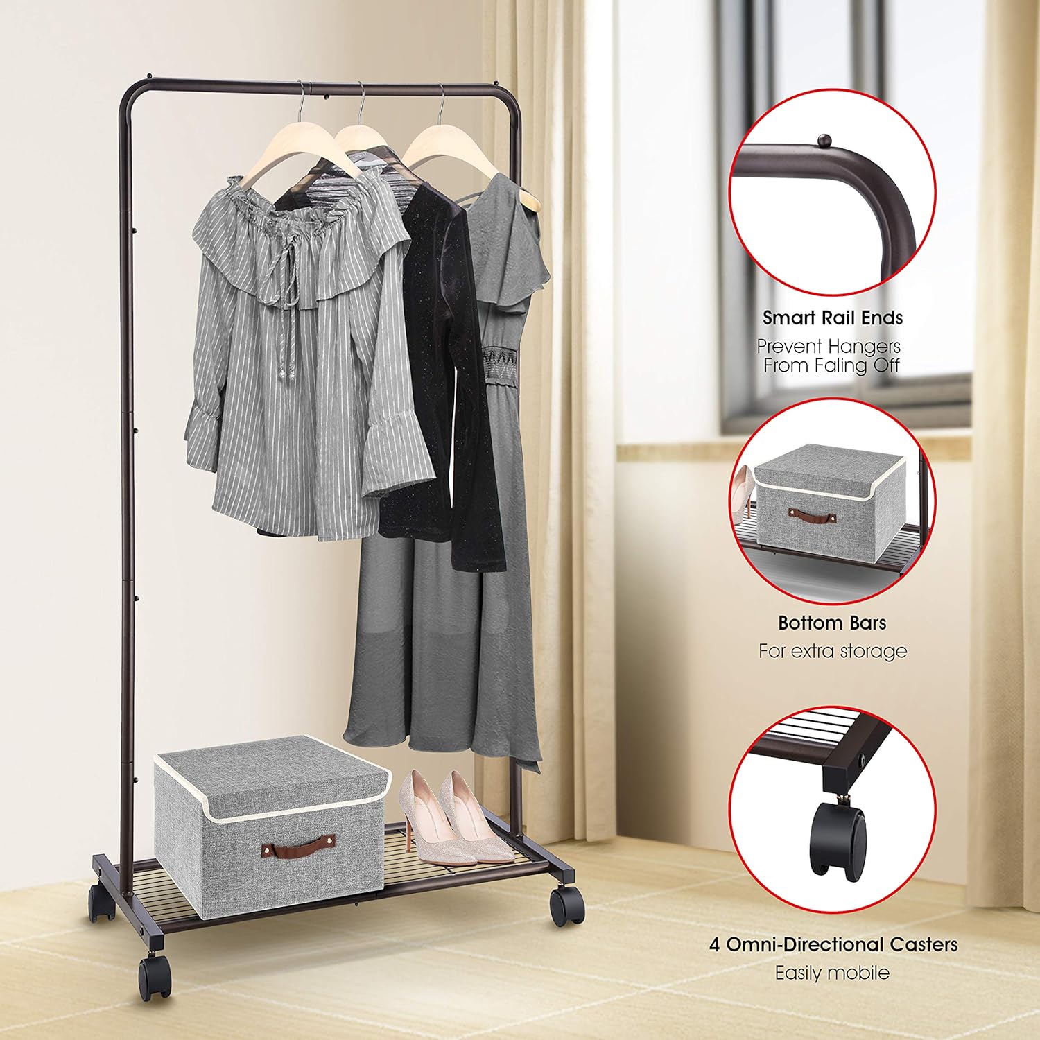 Simple Trending Standard Clothes Garment Rack, Clothing Rolling Rack with Mesh Storage Shelf on Wheels, Bronze: Home Improvement