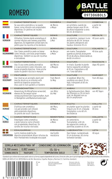 Semillas Aromáticas - Romero - Batlle: Amazon.es: Jardín