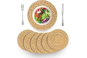 (4 Sizes: 12"-13"-14"-15") BARIEN Woven Placemats Round Set of 6, Natural Water Hyacinth Weave Placemat for Dining Table, Large Handmade Woven Placemats Heat Resistant Non-Slip (13" - Set of 6)
