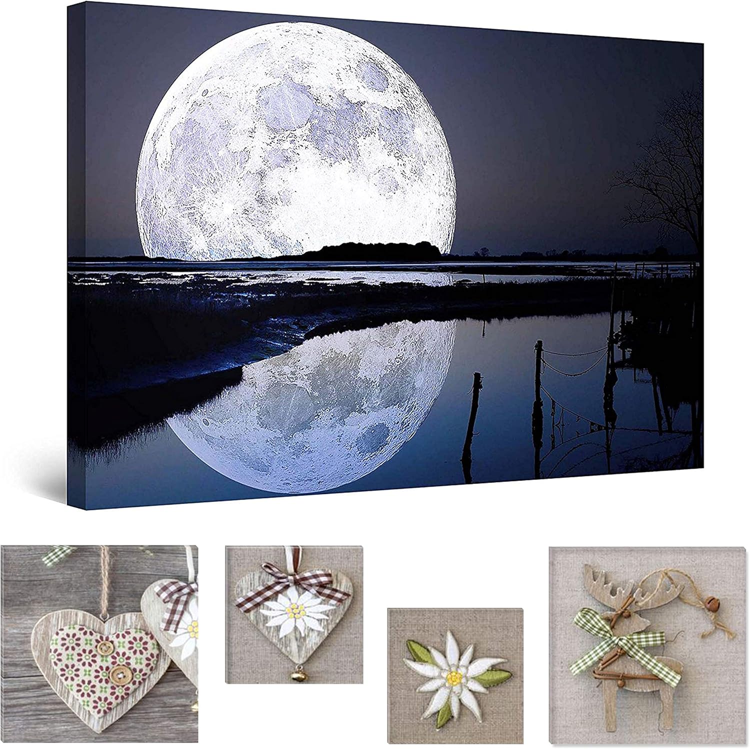Eco Light Wall Art Canvas Bundle Full Moon Water Reflection And Lovely Rustic Collage Set Of 4 Dual View Surprise Prints On Canvas Artwork Modern Framed 80 X 1 Cm Amazon Co Uk Kitchen