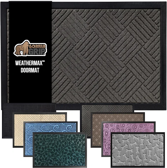 GORILLA GRIP 100% Waterproof All-Season WeatherMax Doormat US Designed Natural Rubber, Stain Fade Resistant, Giving, Low Profile Indoor Outdoor Door Mats, Easy Clean, 17x29 Gray Diamond