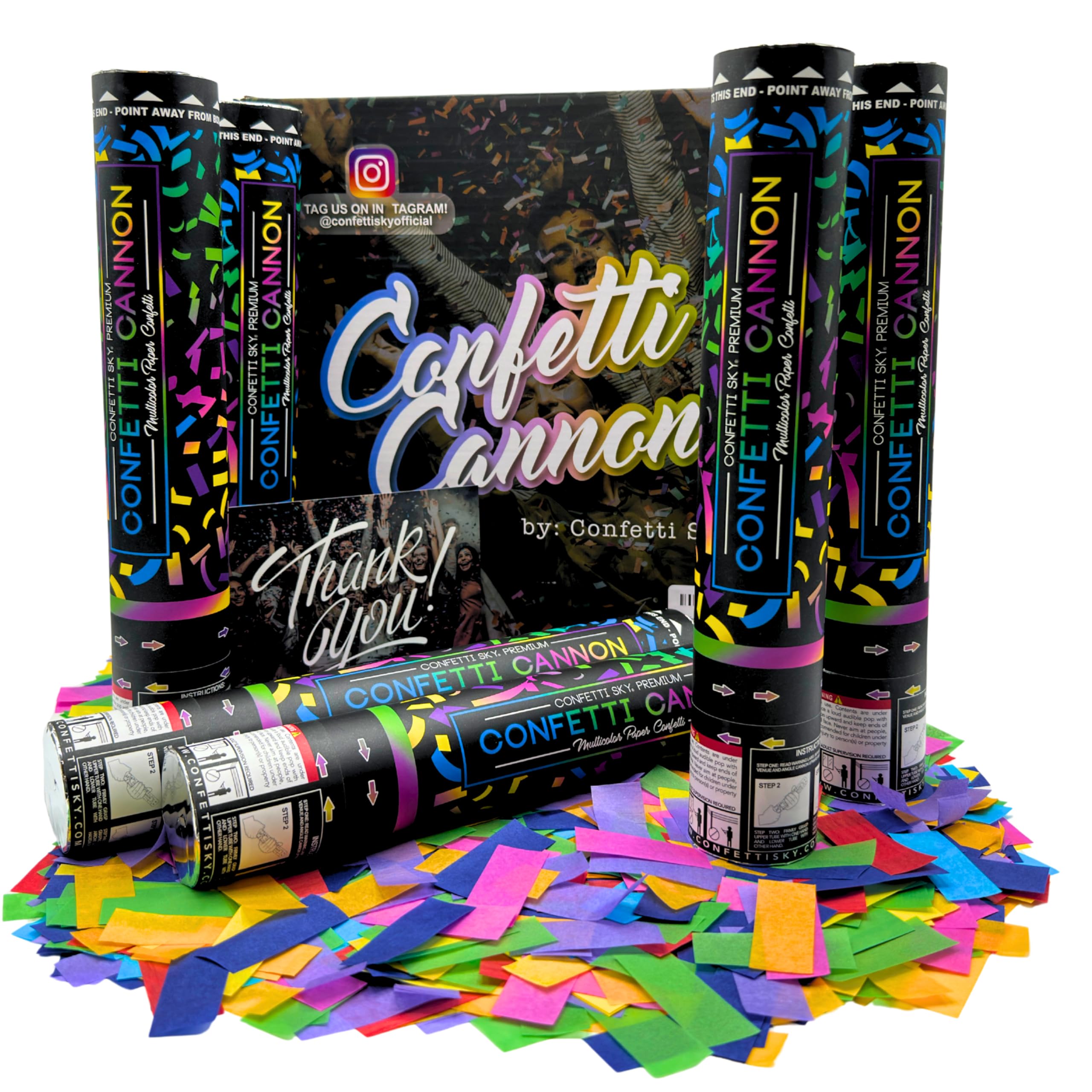 Confetti Sky [6 Pack] 12 Inch Confetti Cannons | Multicolor Confetti Poppers for Wedding Celebration, Birthday Party, Pranks, Graduation, Christmas Eve and New Year Celebration