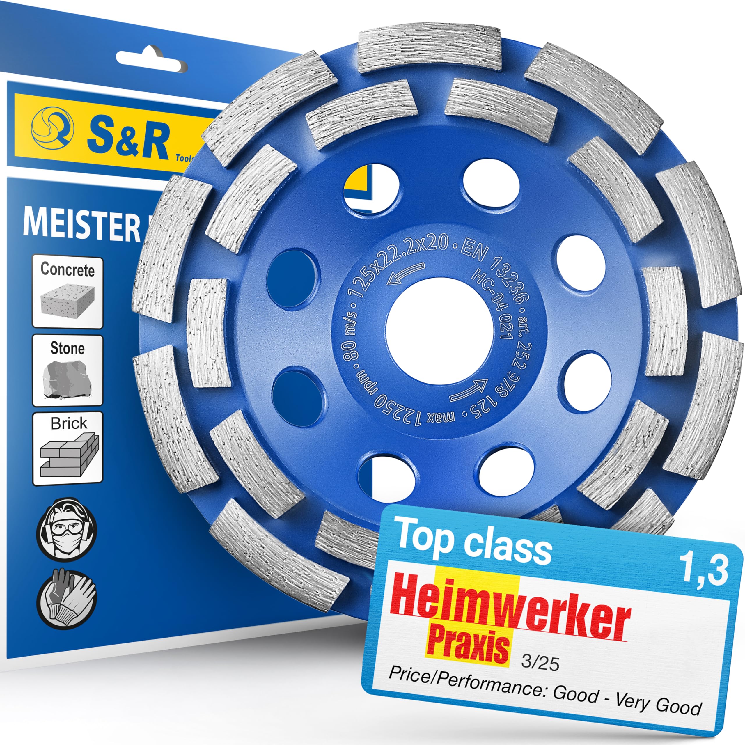 S&R 125mm Diamond Cup Wheel for Concrete, Granite & Masonry - 2-Row Professional Grade Grinding Disc for Angle Grinders, Industrial Quality, Long-Lasting