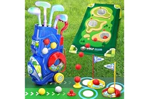 Uregoio Light Golf Club Set for Kids,Toddler Golf Set with Colf Cart,Golf Board,Putting Mat,4 Lighted Golf Clubs,6 Balls,Indoor Outdoor Sports Toys Birthday Gifts for Boys Girls Aged 3 4 5 6 Years Old