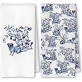 SkipTiger Chinoiserie Pug Dog Kitchen Towels, Gifts for Pug Lovers Dish Tea Towels for Kitchen Decor, Blue and White Dog Decorative Hand Towels for Bathroom, 16x24 Inch Set of 2