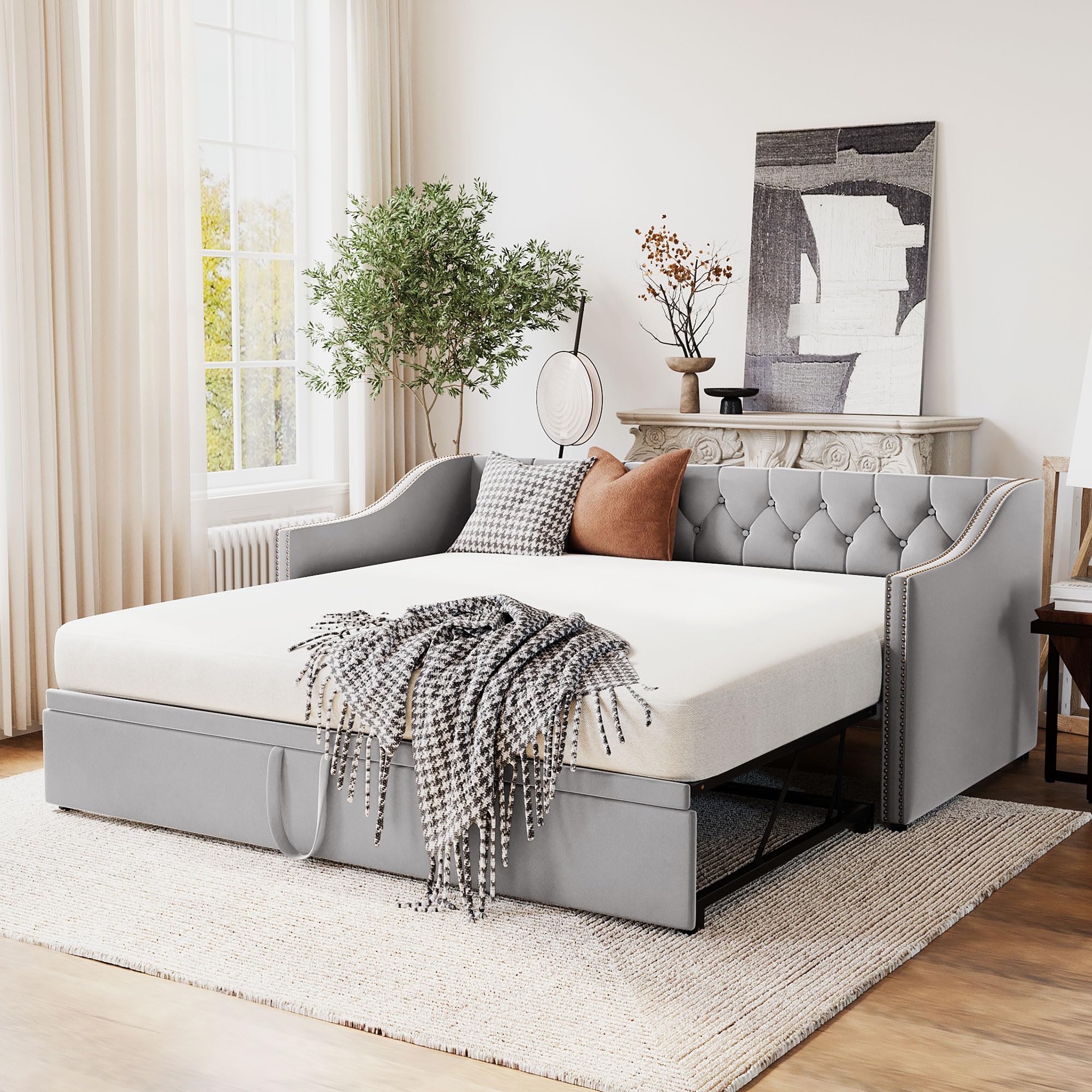 Photo 1 of SET OF 2 Twin Size Upholstered Daybed with Pop up Trundle,Velvet Day Bed Frame with Extendable Trundle,Twin to King Daybed,Tufted Sofa Bed for Bedroom,Living Room,Guest,Gray