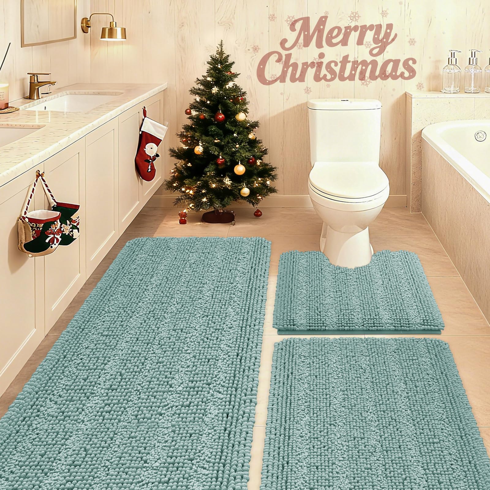 Christmas Striped Eggshell Blue Bathroom Rug Set 3 Pieces Ultra Soft, Non Slip Chenille Bath Carpet, Absorbent Plush Shaggy Bath Mats for Bathroom, Toilet, Bedroom, Kitchen Image