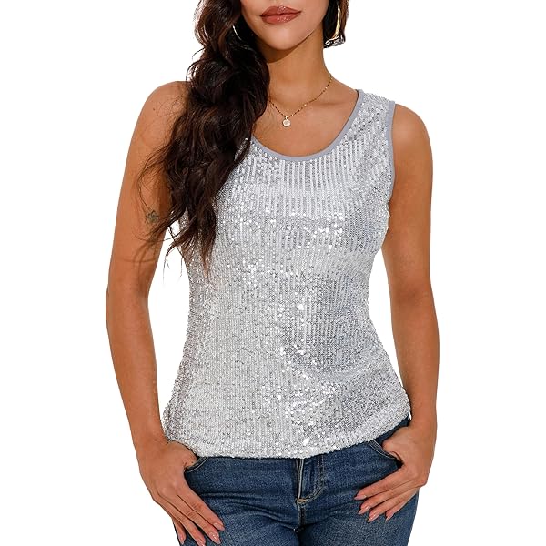 OYOANGLE Women's Sparkly Rhinestone Shirt Sleeveless Crew Neck