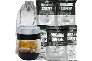 Organic Coffee Gift Basket for Men & Women - Coffee Gift Set for Coffee Lovers; Insulated Mug, Ground Coffee Sampler, Oatcake