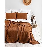 Magic Linen - Cinnamon Waffle Blanket 102x94 in Size, Stone Washed Linen Cotton Blend Bed Blanket, Breathable and Cooling Throw for Bed, Farmhouse Boho Lightweight Couch Throw