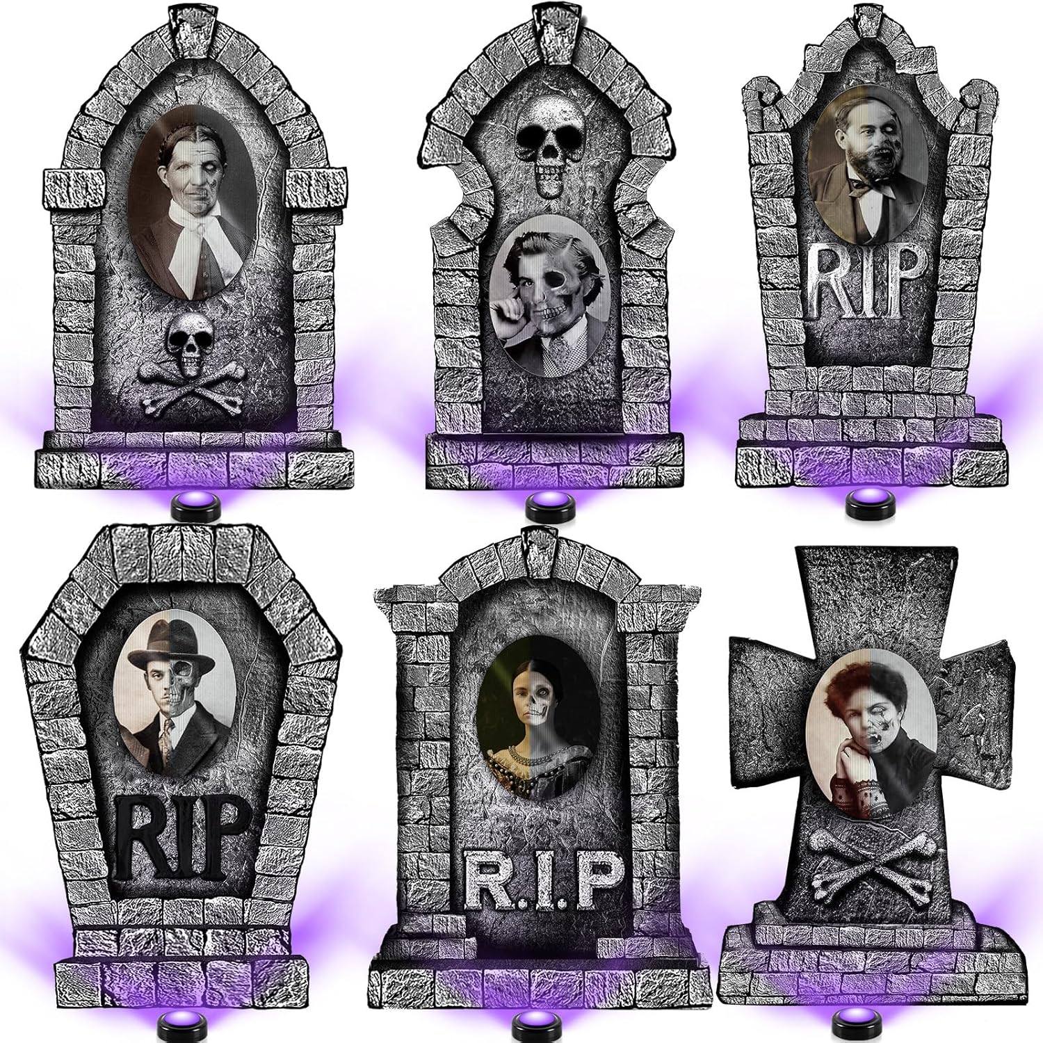 Yard Signs - 6 Set Large Halloween 3D Changing Face Rip Graveyard Tombstones and 23.6x15.7 Inch Halloween Skeleton Headstone Decoration 6pcs 13 Color Changeable LED Puck Lights for Yard Garden Lawn