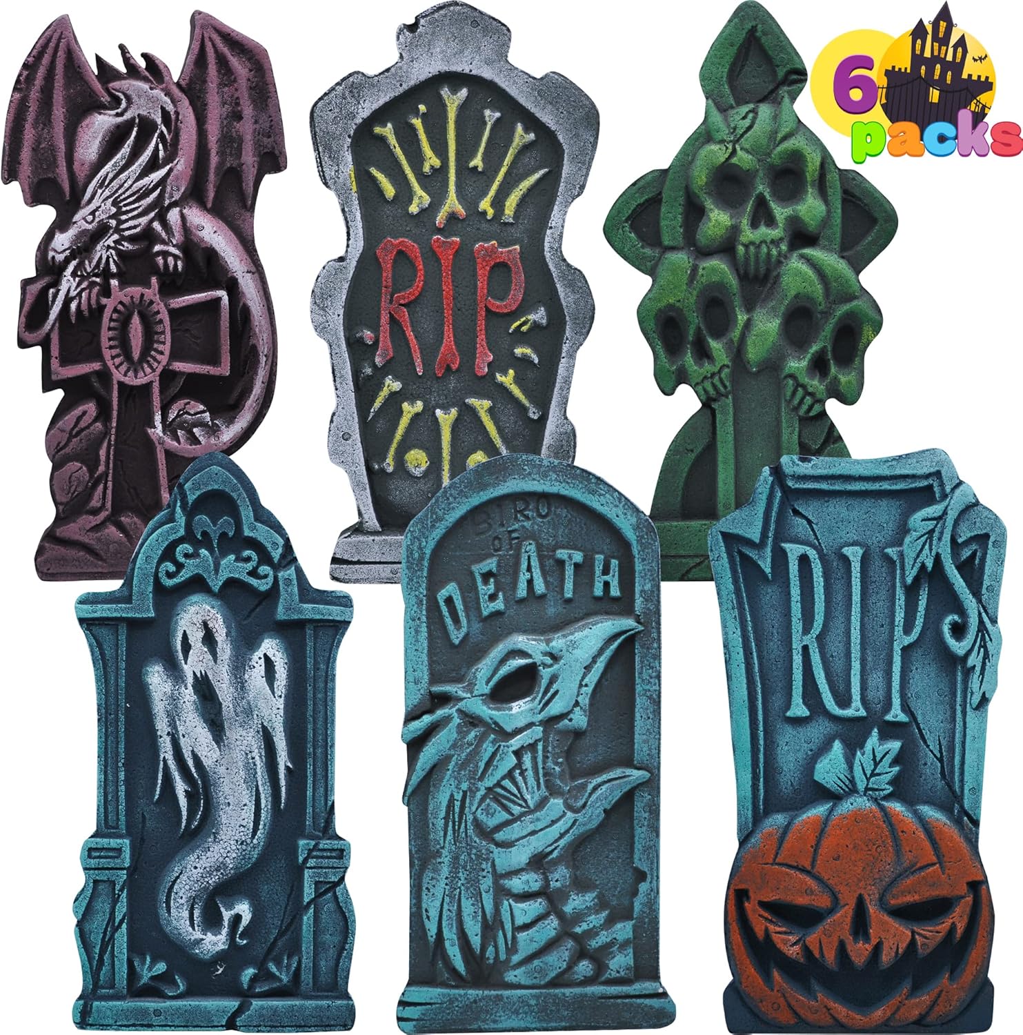 Yard Signs - JOYIN 17” Halloween Foam RIP Graveyard Tombstone (6 Pack), Headstone with Different Styles and Bonus Metal Stakes for Halloween Yard Outdoor Indoor Decorations