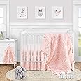 Sweet Jojo Designs Pink Floral Rose Baby Crib Bedding Set for Girls - w/ 4p Infant Nursery Blanket Sheet Skirt Diaper Stacker - Solid Blush Elegant Princess Boho Shabby Chic Luxury Glam Ruffle Roses
