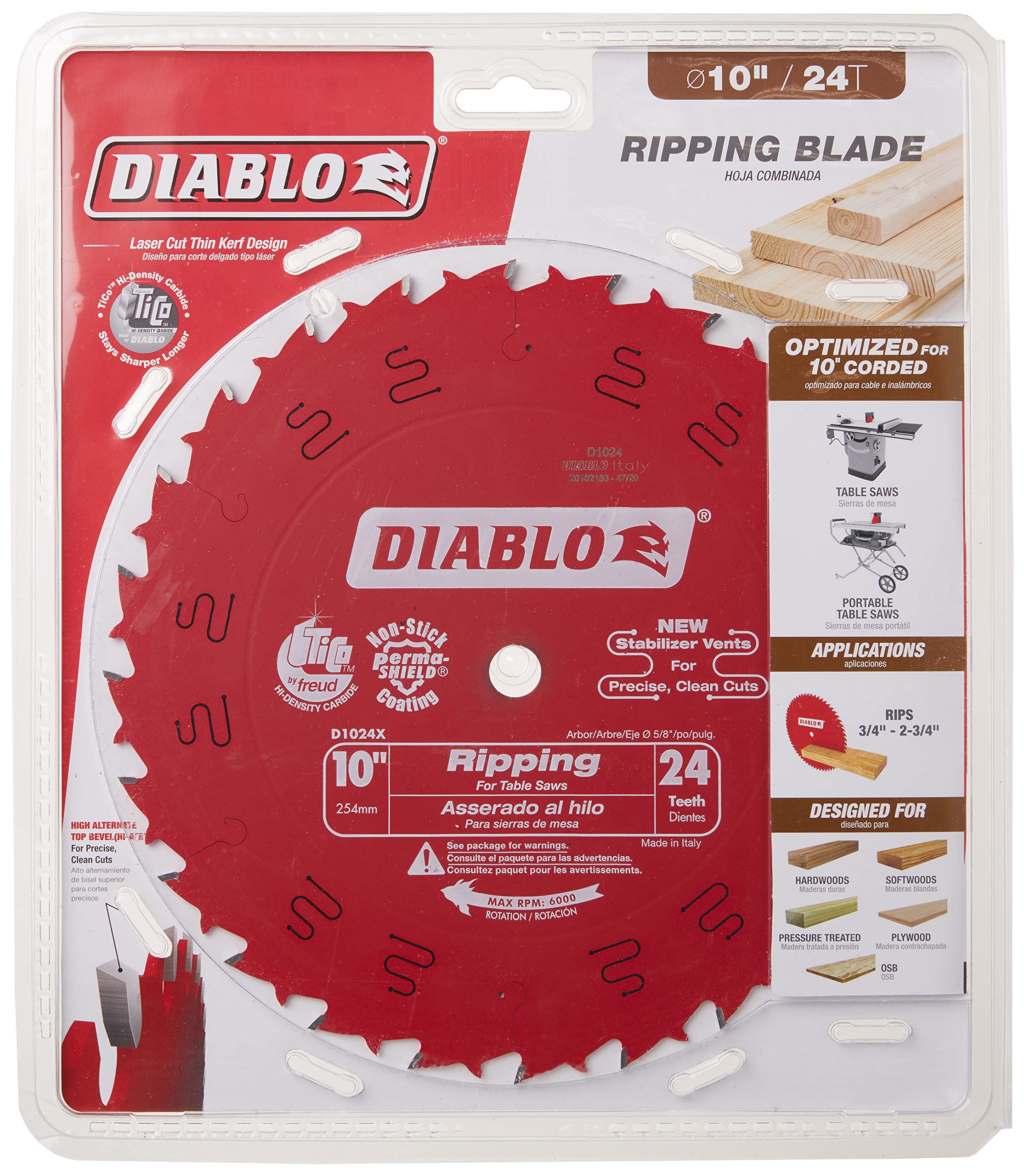 Diablo Hoja de sierra rasgadora para madera - 10 de diámetro, 24 dientes ATB, eje de 5/8, corte de 0,098, ángulo de gancho de 15°, placa de 0,071, máx. 6000 RPM - D1024X