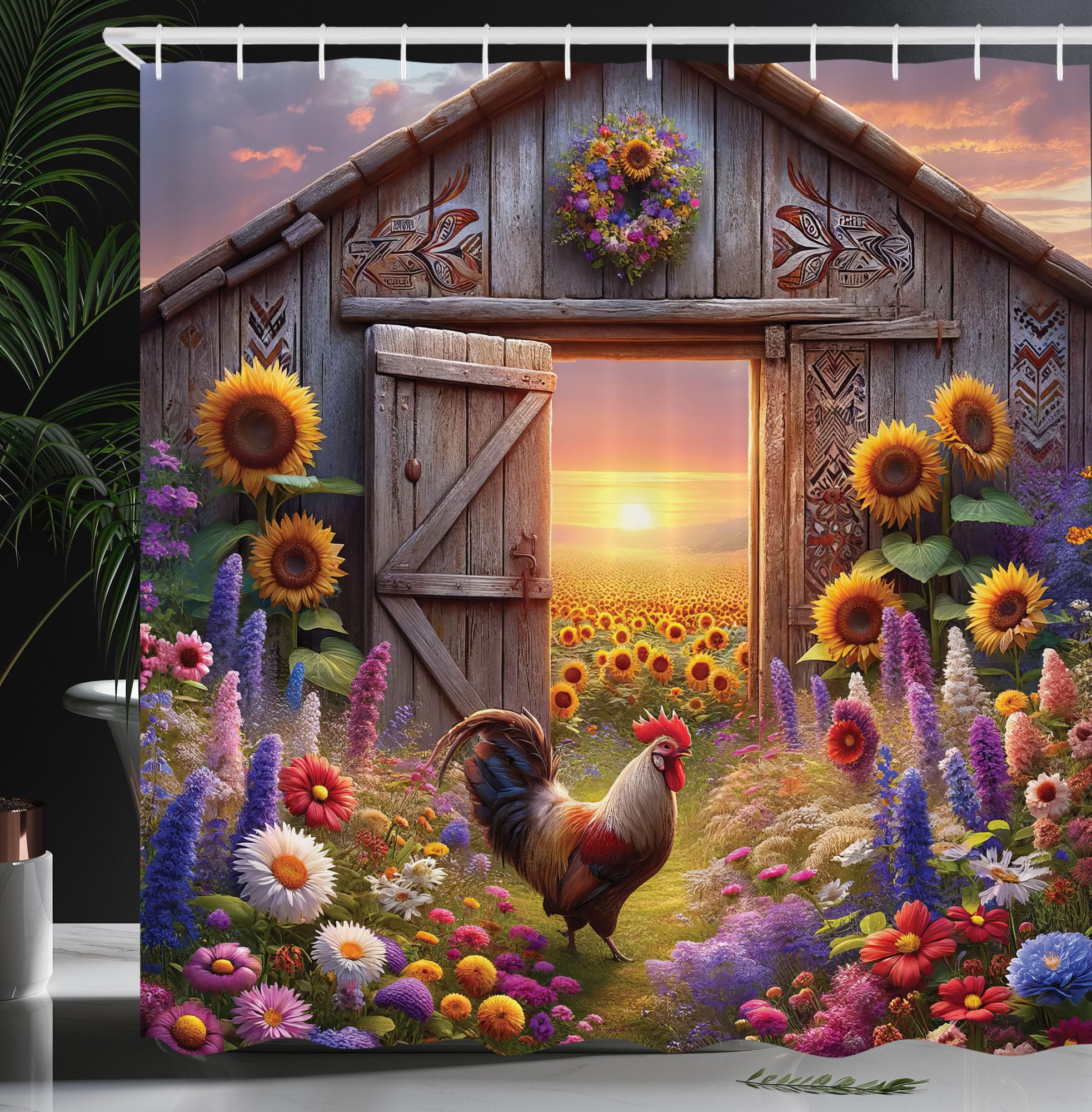 ABAKUHAUS Rustic Shower Curtain, Colorful Flowers and Rooster, Cloth Fabric Bathroom Decor Set with Hooks, 175 x 200 cm, Mauve Taupe Multicolor