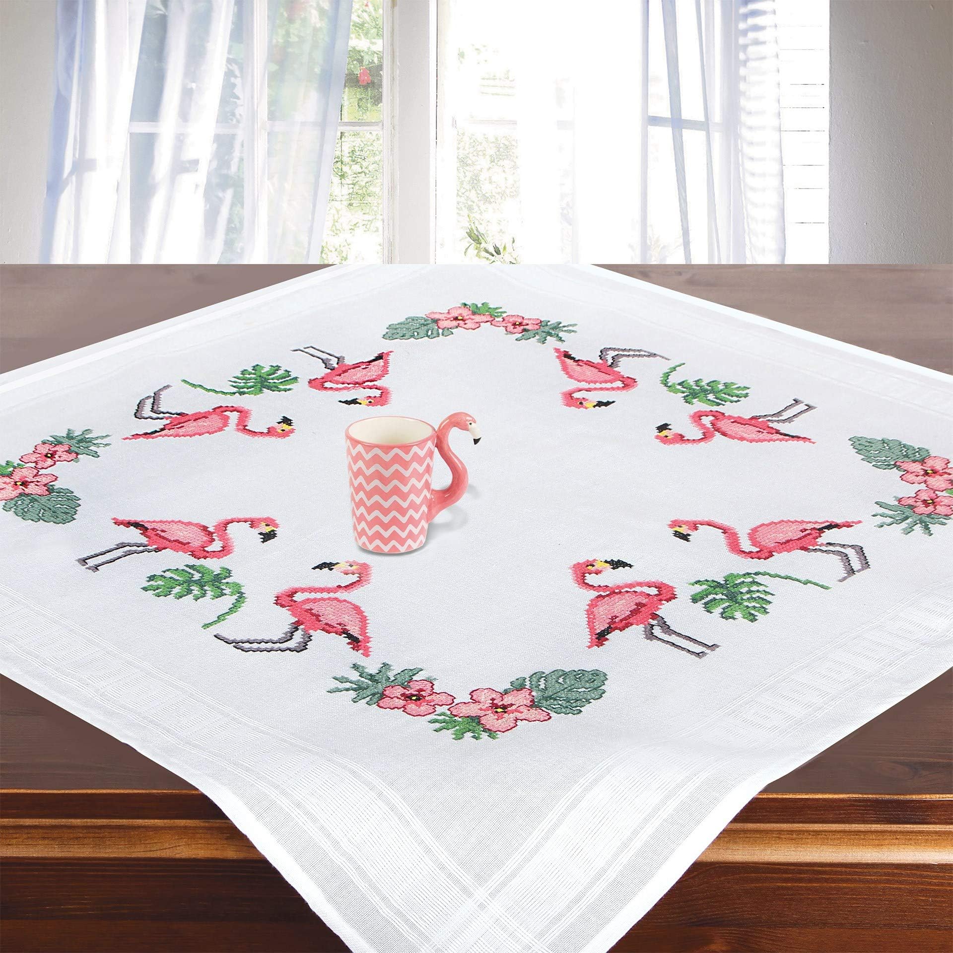 Embroidery kit Flamingos, Complete Tablecloth Set, Needlework Embroidery kit for Beginners Adults, Cross Stitch