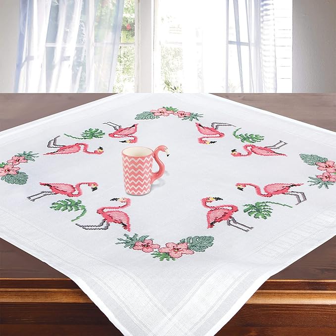 Embroidery kit Flamingos, Complete Tablecloth Set, Needlework