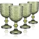 Joeyan Vintage Glass Wine Goblet,Green Embossed Floral Stemmed Wine Glasses,Colored Drinking Cups,Heavy-Duty Glassware for Wedding Party Bar,12 oz,Set of 4,Dishwasher Safe