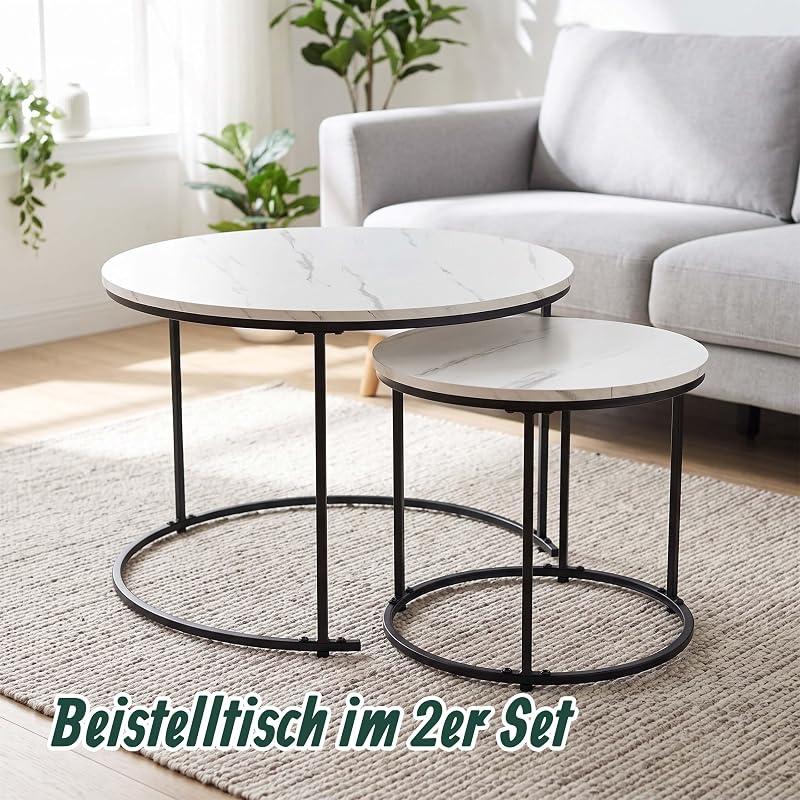 Satztisch, 2er Set, 2 Größen, Marmoroptik, Metall, weiß, schwarz