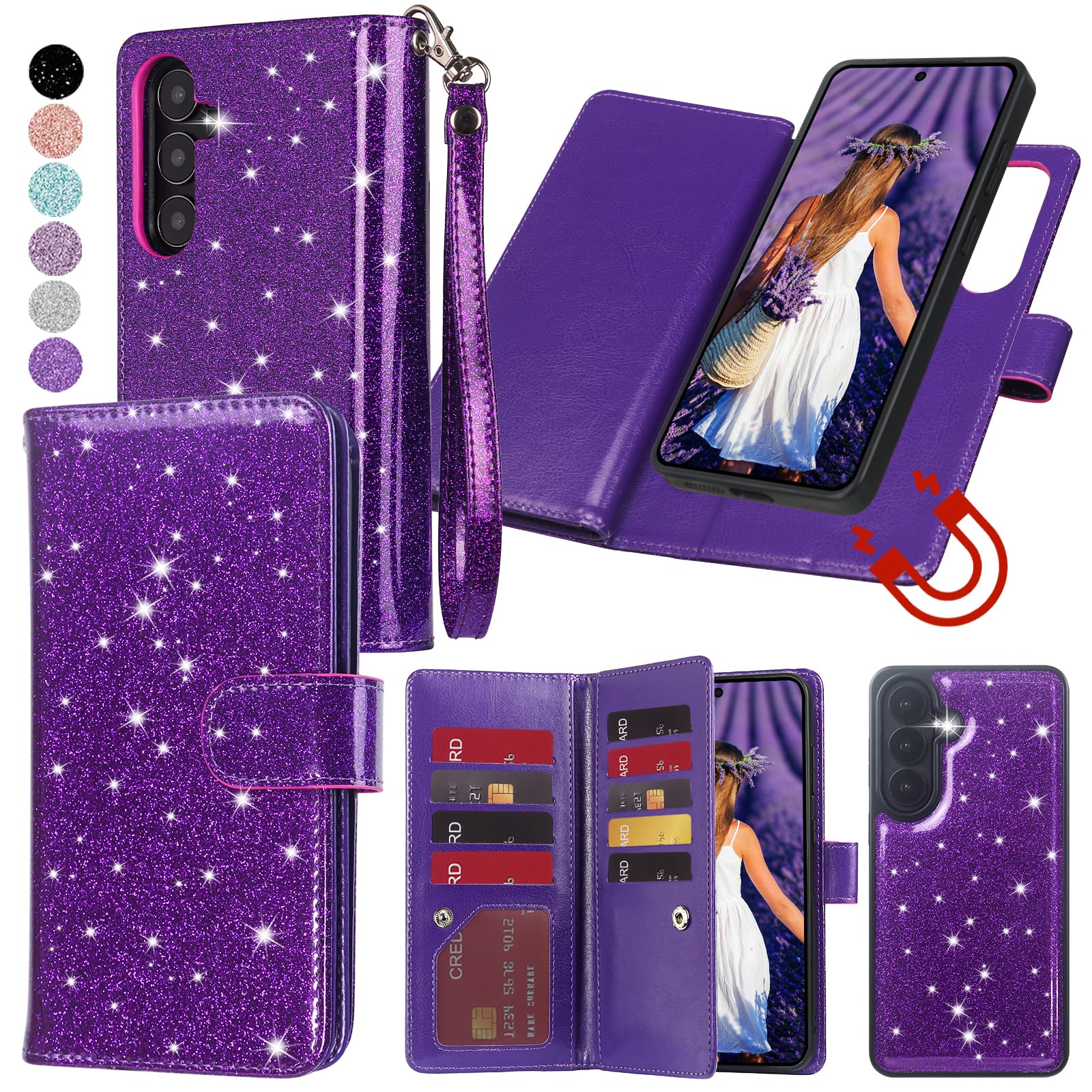 Varikke for Galaxy S26 Wallet Case Detachable with RFID Blocking Card Holder for Women, Glitter Leather Strap Magnetic Flip Wallet Removable Phone Case Cover for Samsung Galaxy S26 6.3", Dark Purple