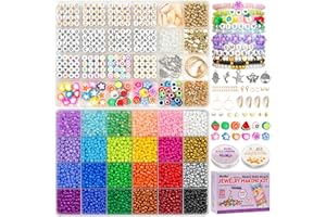 Gionlion 4mm Glass Seed Beads for Bracelets, 2 Boxes 24 Colors Bracelet Making Kit and Letter Beads for Jewelry Making, Friendship Bracelet Kit with Clay Beads for DIY Art Craft Kit Girls Gifts Toys