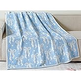 Buryeah Blue Bow Blanket Winter Soft Microfiber Bow Throw Blanket Double Sided Coquette Aesthetic Plush Bedding Stuff Sofa Dormitory Room Decor Valentine's Day Gifts for Her, Women, 50"x 60"