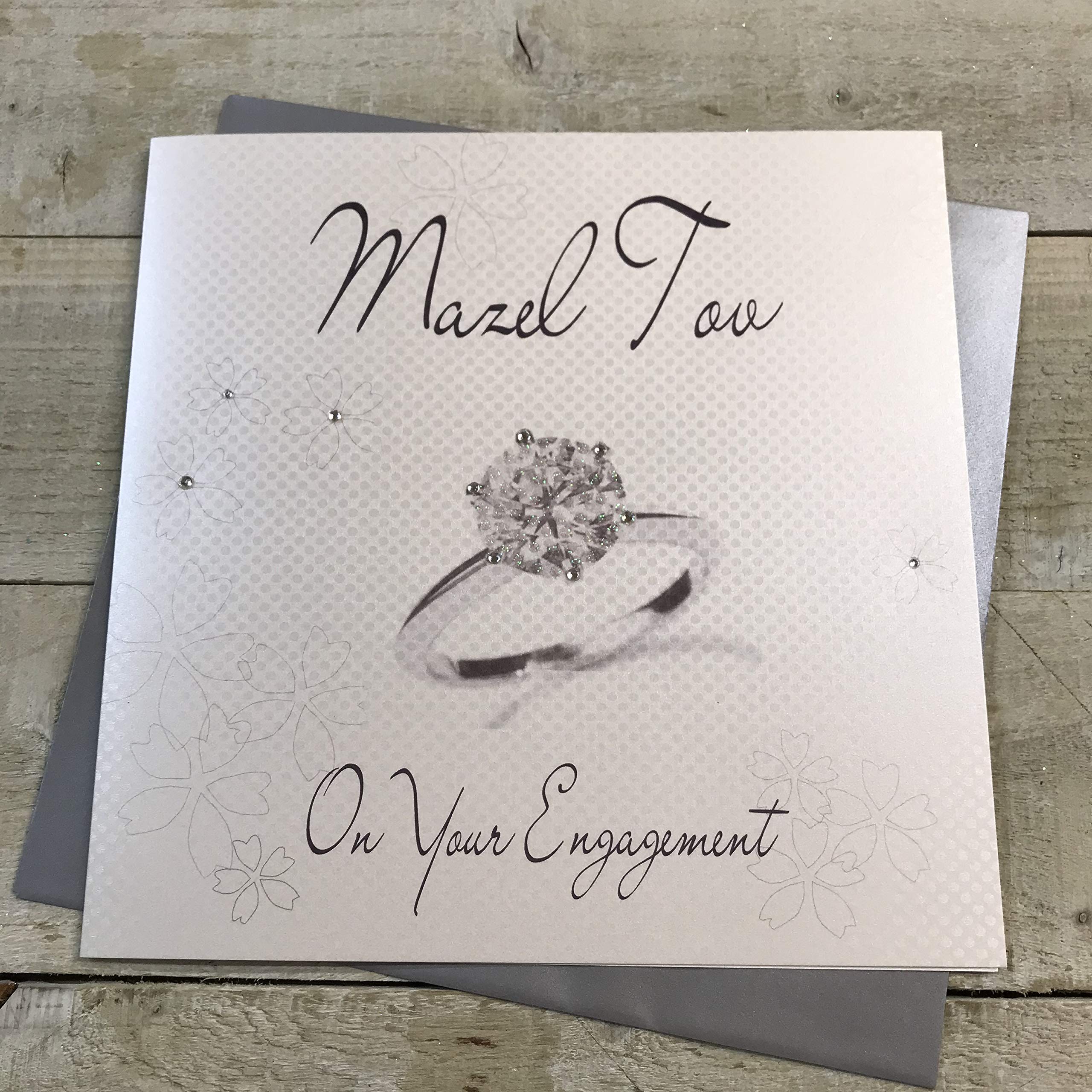 WHITE COTTON CARDS Mazel Tov, Handmade Large Jewish Engagement Card (Diamond Ring)