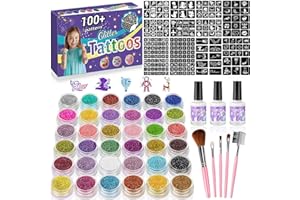 XIQIDIANR Temporary Glitter Tattoos Kit for Kids,36 Glitter Colors,222 Stencils,3 Glue,5 Brushes,Adults and Kids Arts Glitter Kit, Gifts for Girls & Boys Birthday Party Christmas Day.