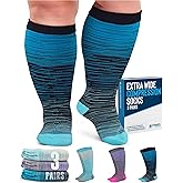 Doctor's Select 3 Pairs Plus Size Compression Socks Wide Calf - Up to 6XL | 20-30 mmHg Compression Socks for Women Wide Calf |Blue, Light Blue, Purple & Pink (Stripes)