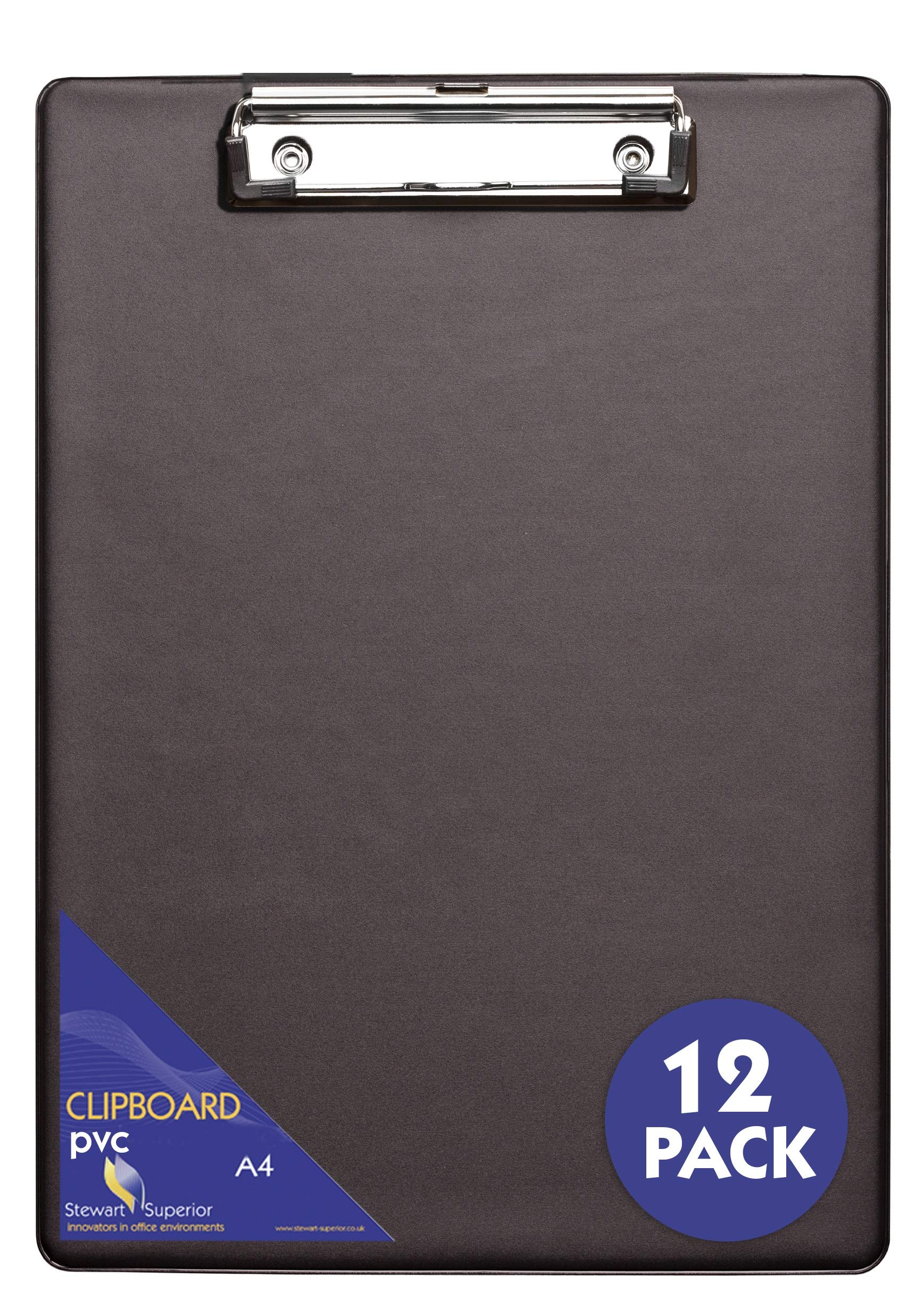 SECO A4 PVC Covered Clipboard with Heavy Duty Clip - Black - Pack of 12