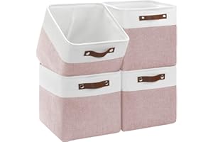 Patvingot Collapsible Fabric Cube Storage Bins 11x11×11, Pack of 4 Closet Basket Boxes with PU Handles for Organizing Shelves, Toys, Clothes, Home, Office (White & Pink)
