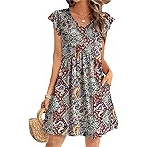 OFEEFAN Summer Dresses for Women Beach Vacation Clothes V Neck Ruffle Sleeve Babydoll Dress Elegant Classy Sundress