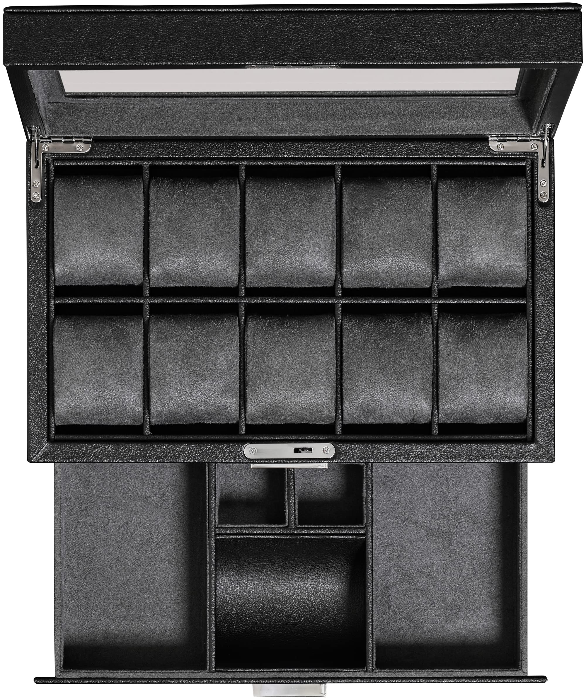 ROTHWELL Gift Set 10 Slot Leather Watch Box with Valet Drawer & Matching 2 Watch Travel Case - Luxury Case Display Organizer, Locking Mens Jewelry Watches Holder, Men's Storage Boxes Glass Top Black/Grey