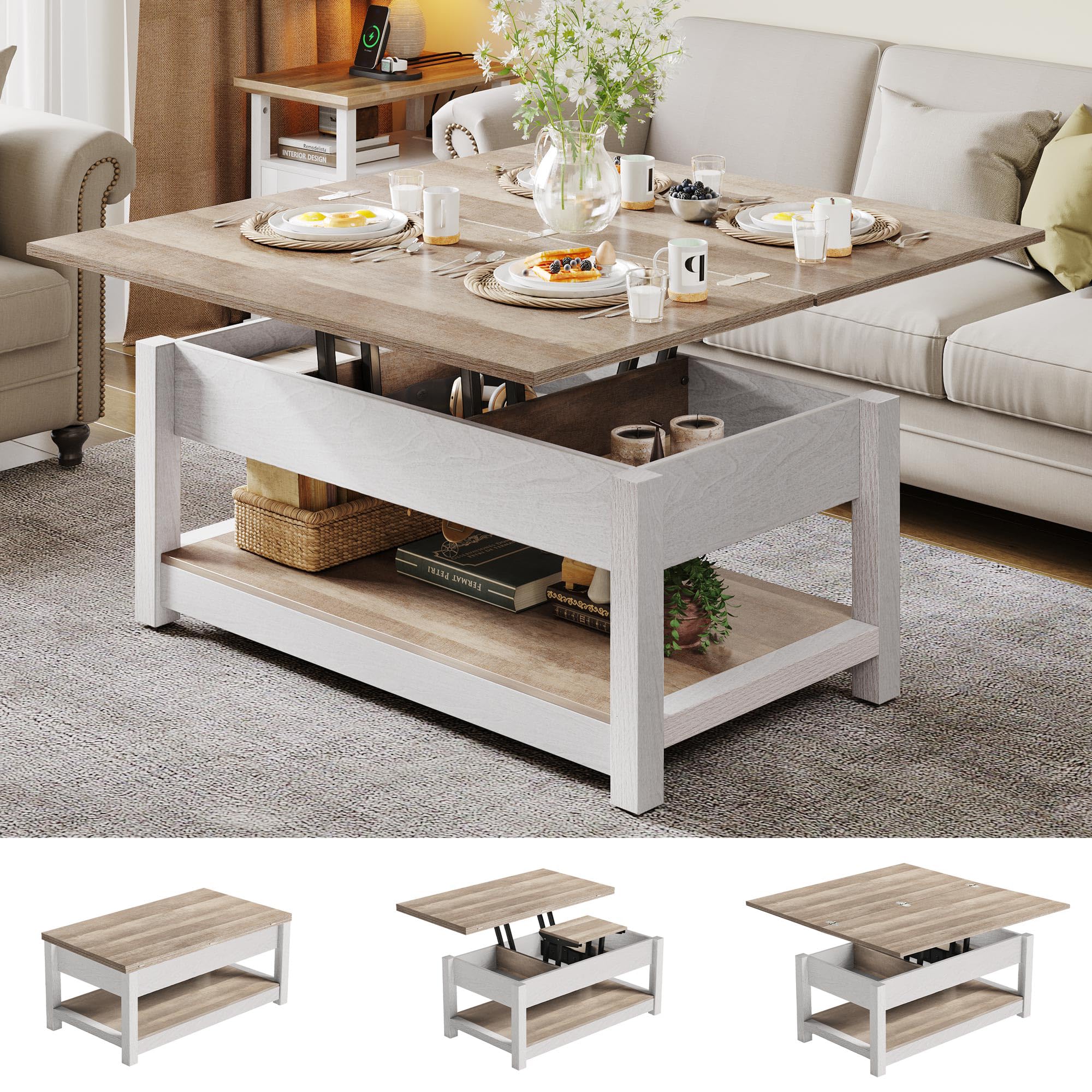 Photo 1 of YITAHOME Lift Top Coffee Table for Living Room, 3 in 1 Multi-Function Coffee Tables with Storage, Farmhouse Rectangle Coffee Table Dining Table for Reception Room/Home Office, Grey Wash