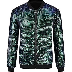 Green Sequin Jacket for Men's Zipper Long Sleeves Party Disco Shiny Bomber Jacket XX-Large Green