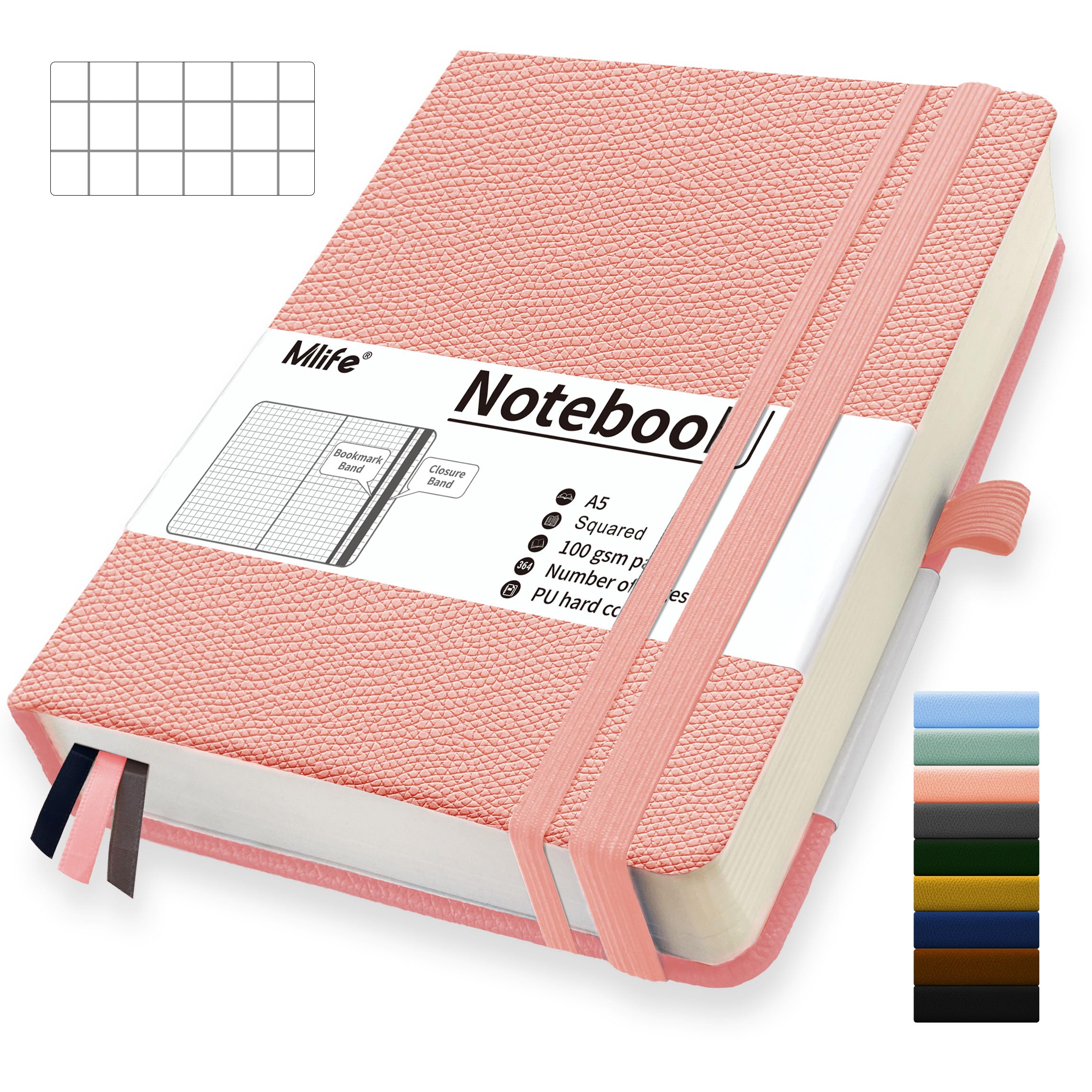 Mlife A5 Graph Paper Notebook,360 Pages Thickened Squared Notebook,Premium 100g/M² Ink Resistant Paper Thick,Pu Hard Cover Grid Notebook,Inside Pocket,Elastic Banded,Grid Paper for Writing&Diary(Pink) — image 1