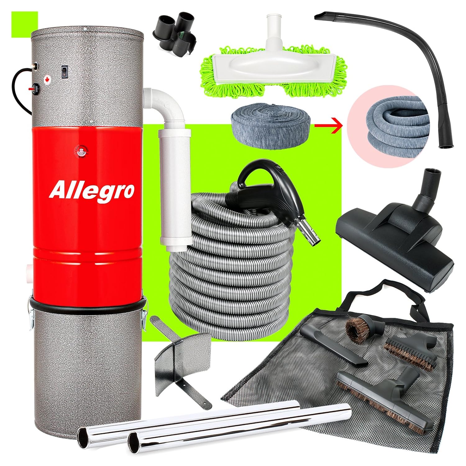 Central Vacuum Unit Allegro 3,000 sq. ft. with 30' Straight Air Attachment VAC Set