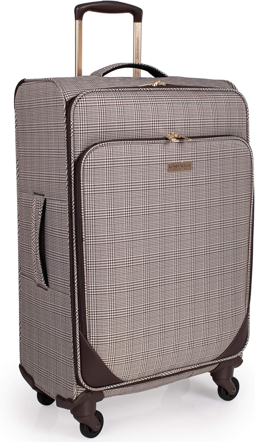 London Fog 30 Inch Suitcase with x4 Spinner Wheels, Soft Shell Luggage with Drag Handle, Spinner Wheels, Brown Houndstooth, L