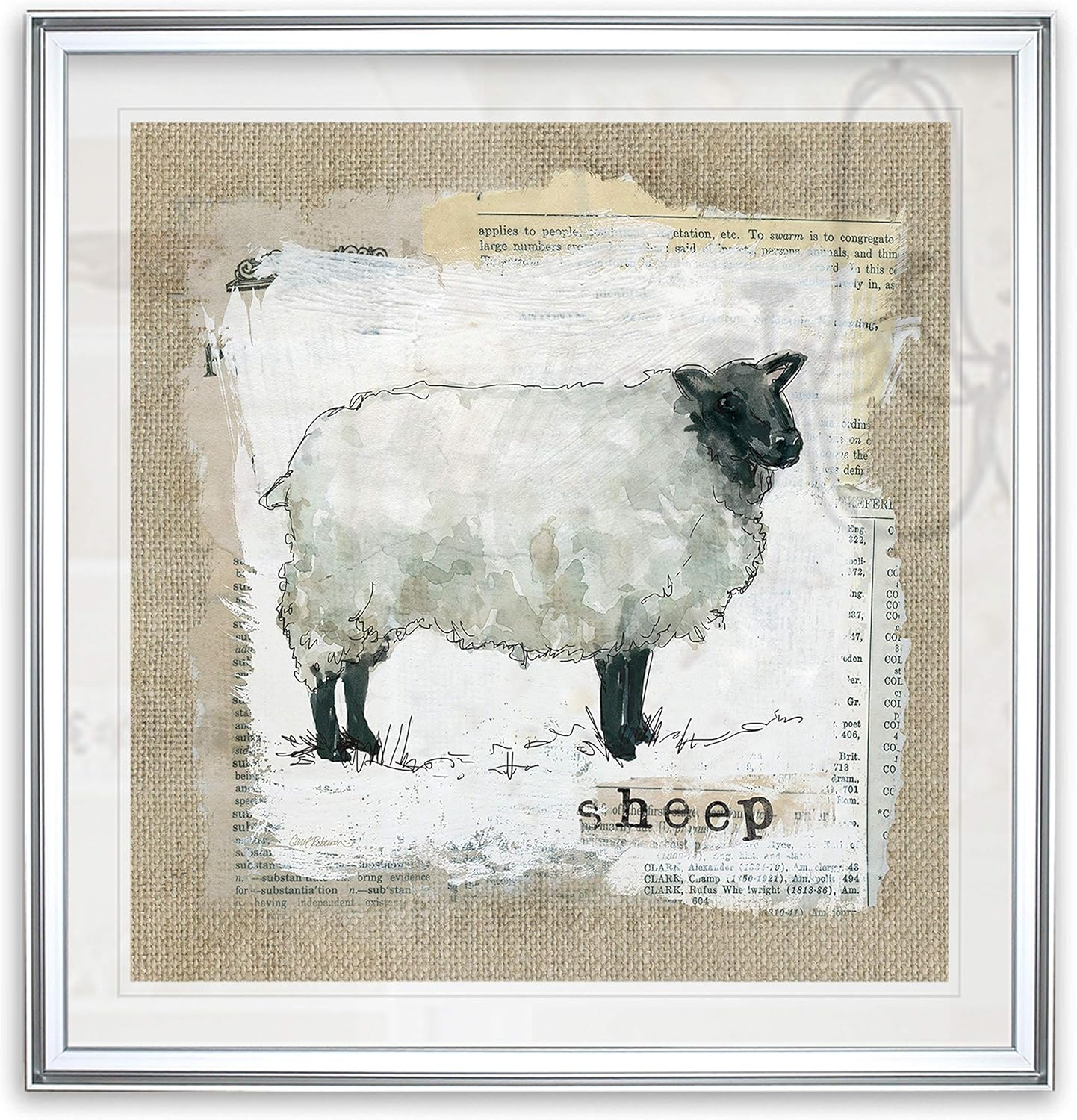 Renditions Gallery Burlap Sheep Art Framed Farmhouse Giclee Canvas Prints Americana Animal Wall Decor Barnyard Kitchen Painting, 16 x 16, Silver