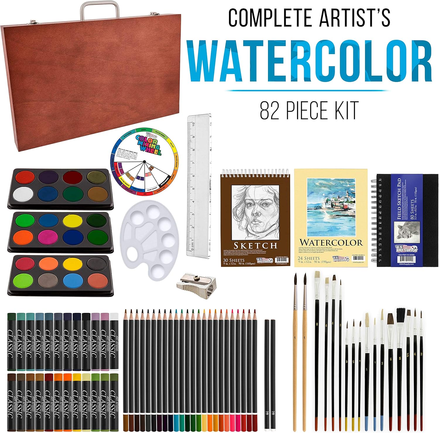 US Art Supply 82 Piece Deluxe Art Creativity Set in Wooden Case with Bonus 20 Additional Pieces - Deluxe Art Set