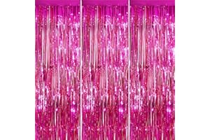 YEURFONTASY Hot Pink 3 Pack Metallic Tinsel Foil Fringe Curtains, 3.3x8.3 Feet Hot Pink Streamers Backdrop for Party, Door Streamers Party Decorations, Party Streamers for Birthday Christmas Party Decorations