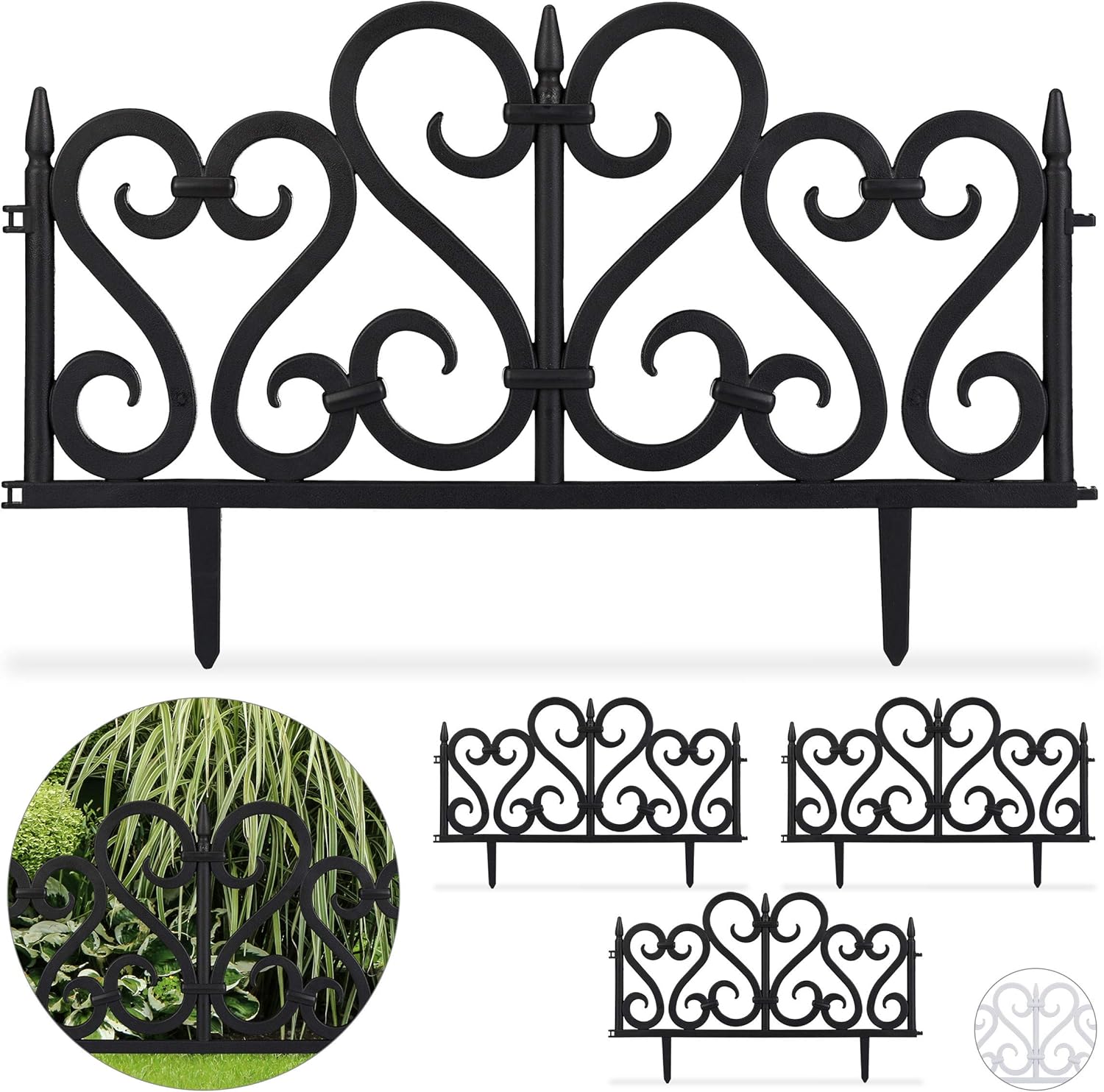 Relaxdays, Black 4Piece Ornate Fence Set, Decorative Lawn Edging