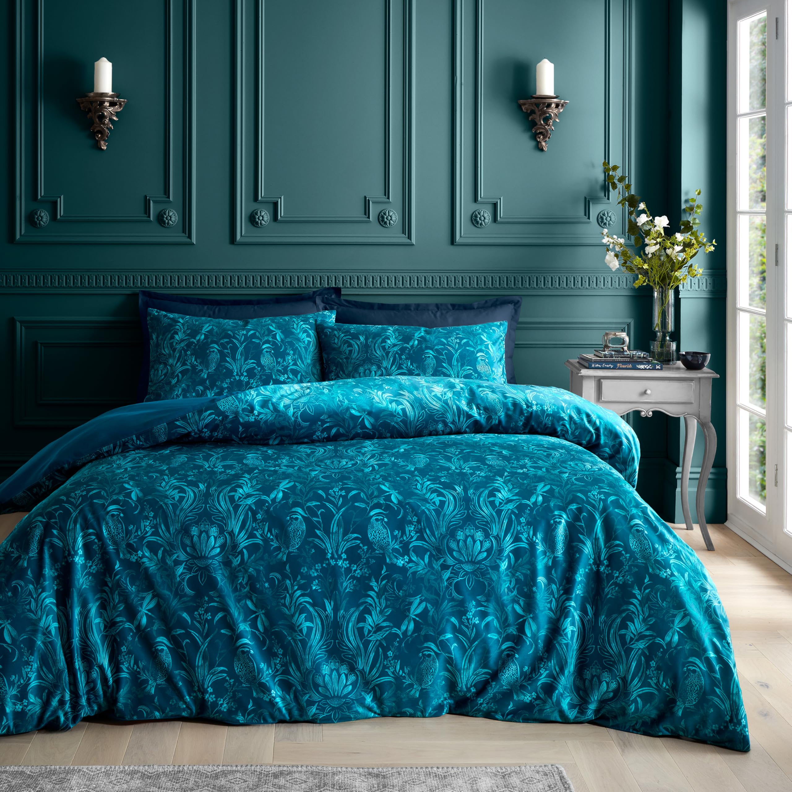 Catherine Lansfield Bridgerton Regal Birds Soft Velvet King Duvet Cover Set with Pillowcases Teal Green